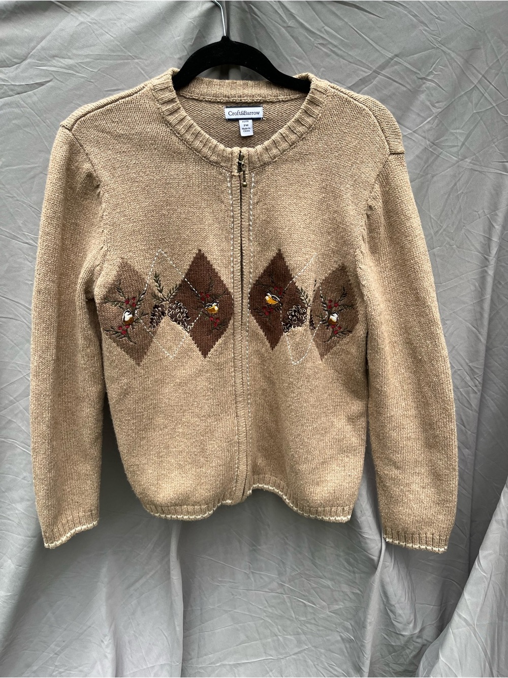 croft & barrow Tan Zip-Front Embroidered Argyle Cardigan